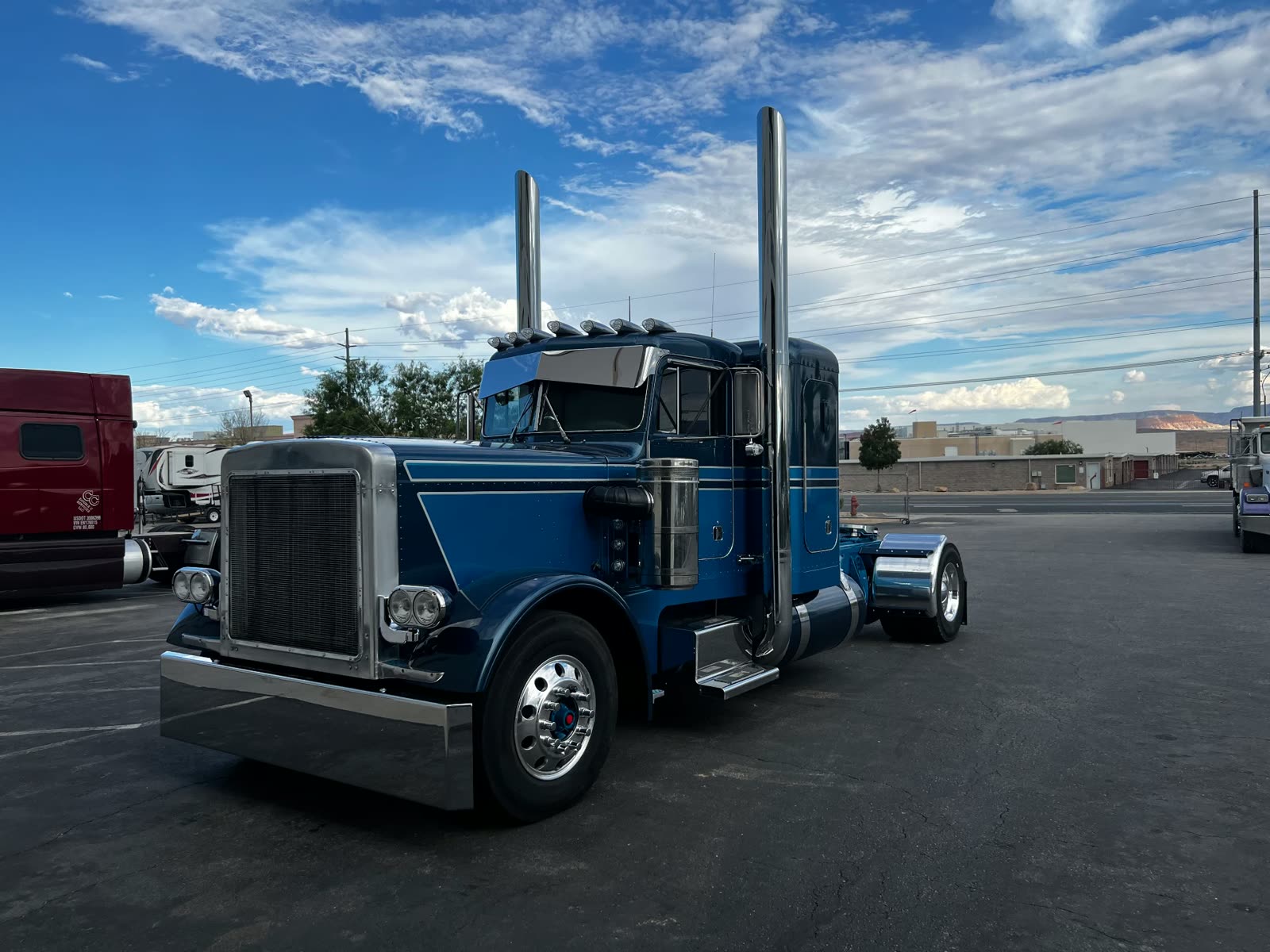 Restored blue classic Peterbilt conventional parked outside the MPA shop in St. George