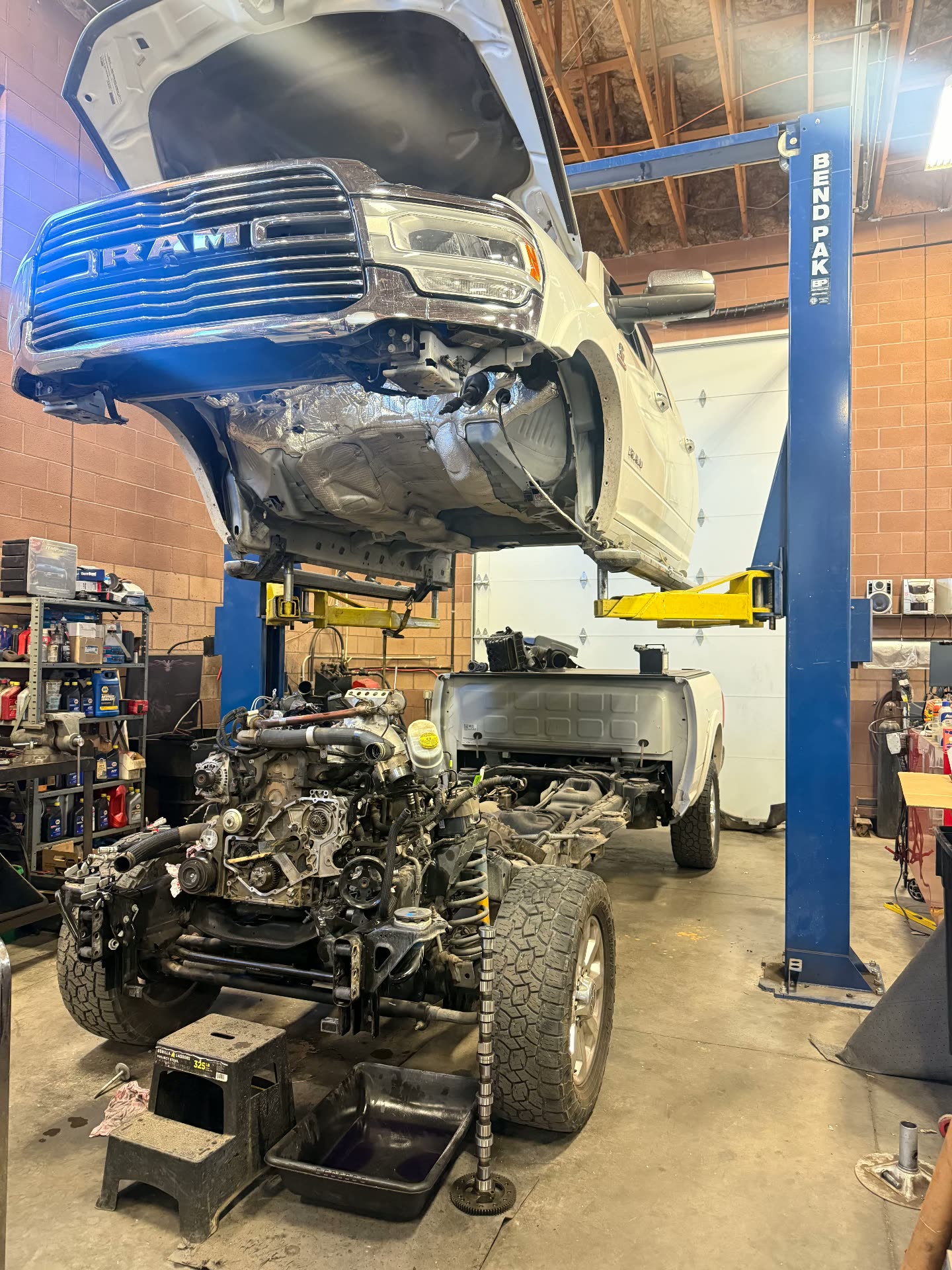 Ram 2500 up on the lift with the engine pulled for a major repair at MPA
