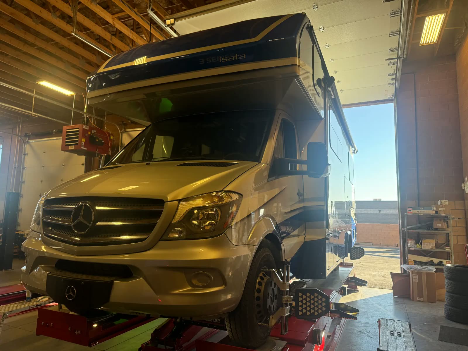 Mercedes Sprinter based Class C RV being aligned at MPA